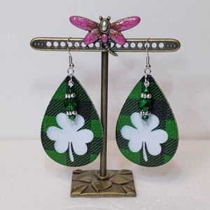 St. Patrick's day Earrings. Lt. wt. Vinyl shamrock print teardrop crystal dangle